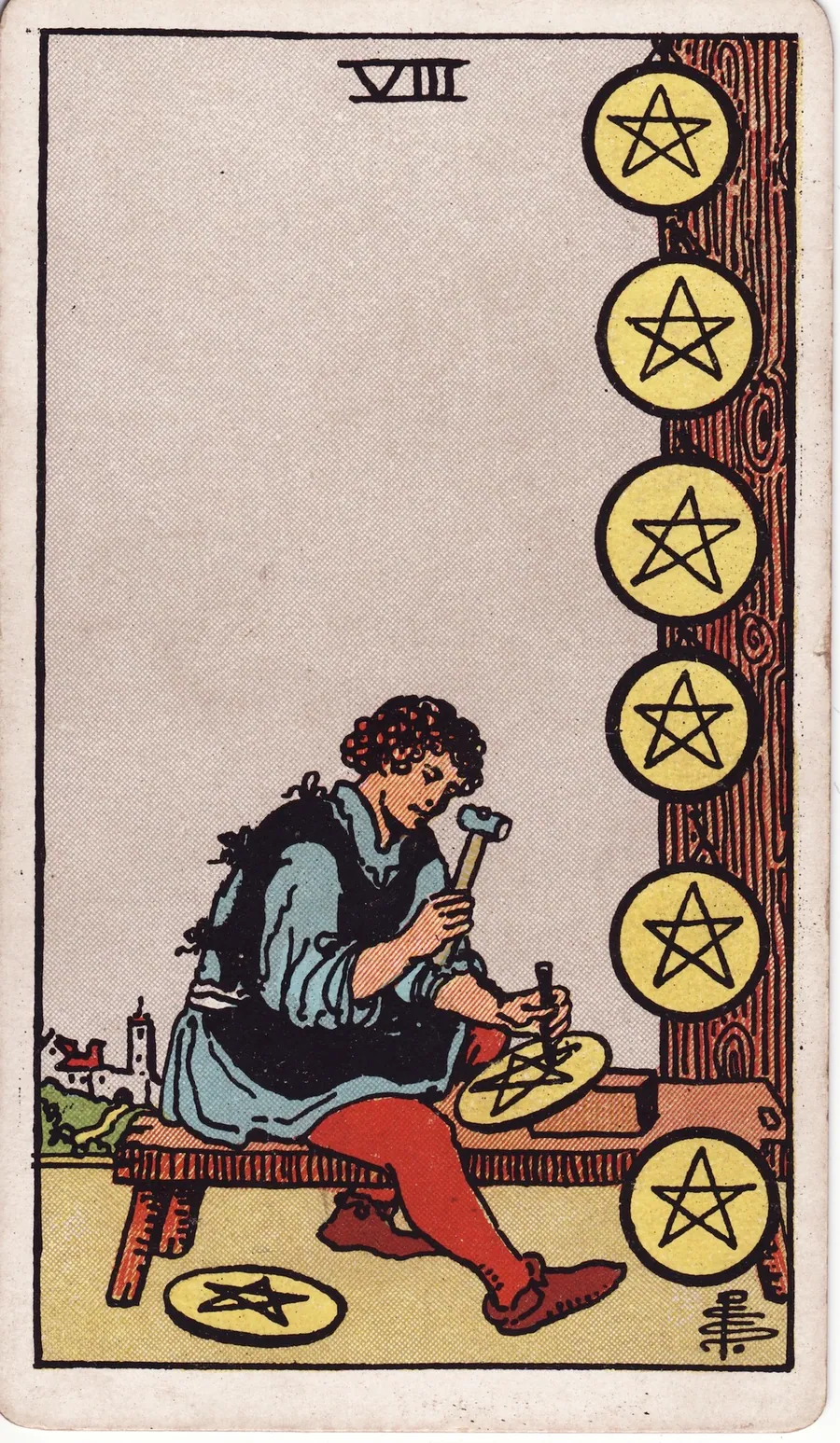 Lá bài Eight of Pentacles — 8 Xu